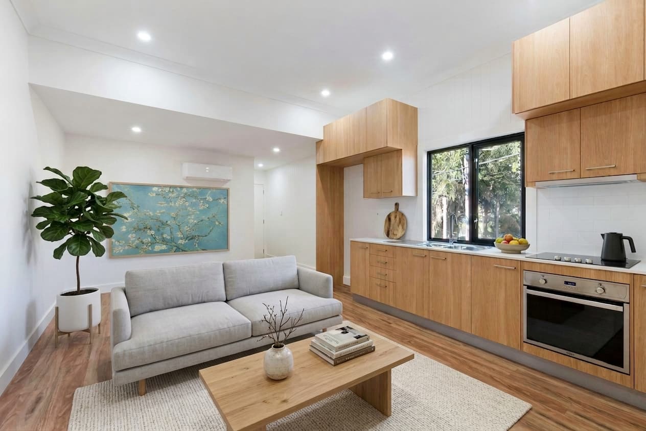 Virtually staged kitchen and living area